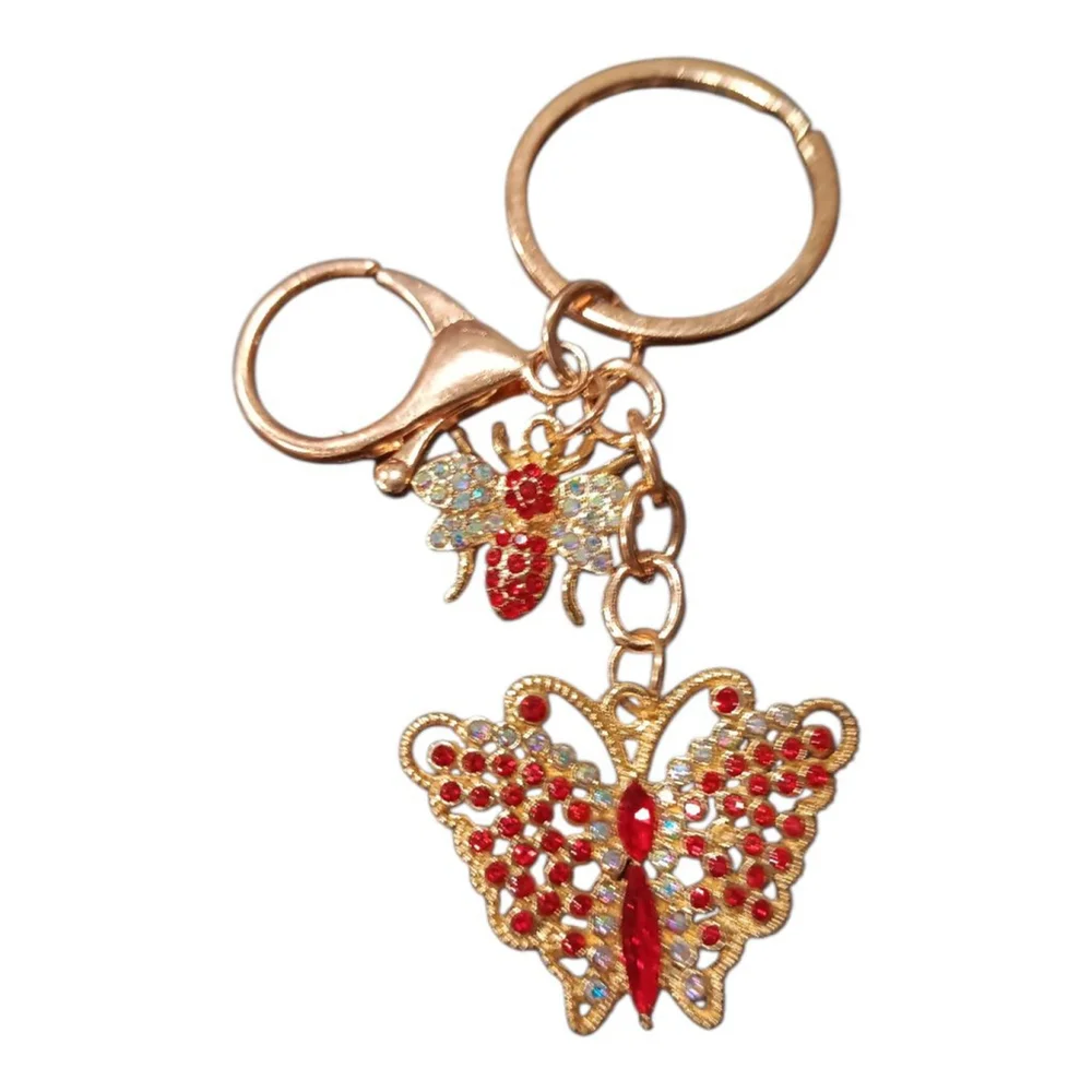 Beautiful Ruby Rhinestone Butterfly Bumblebee Gold Tone Keychain Purse Charm